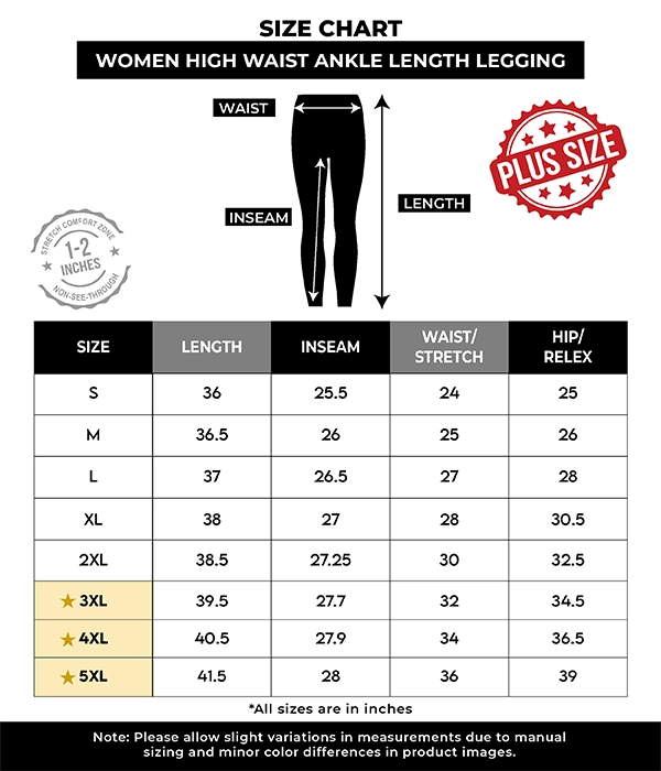 High Waist Ankle Length Leggings (Size Chart)