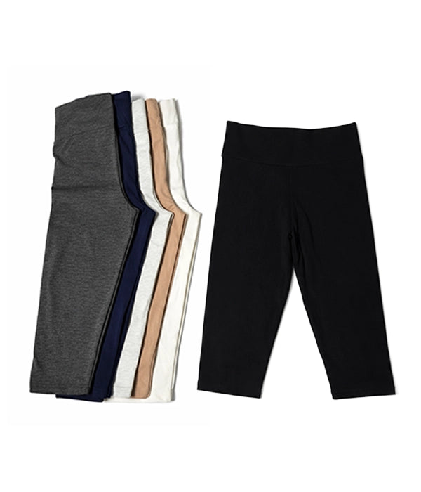 Set of black and gray leggings with folded white, beige, and navy leggings on a white background. High Waist Capri Legging (Tight)