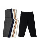 Set of black and gray leggings with folded white, beige, and navy leggings on a white background. High Waist Capri Legging (Tight)