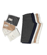 Folded pants in gray, navy, beige, and white on a white background. High Waist Knee Length Leggings (Tights)