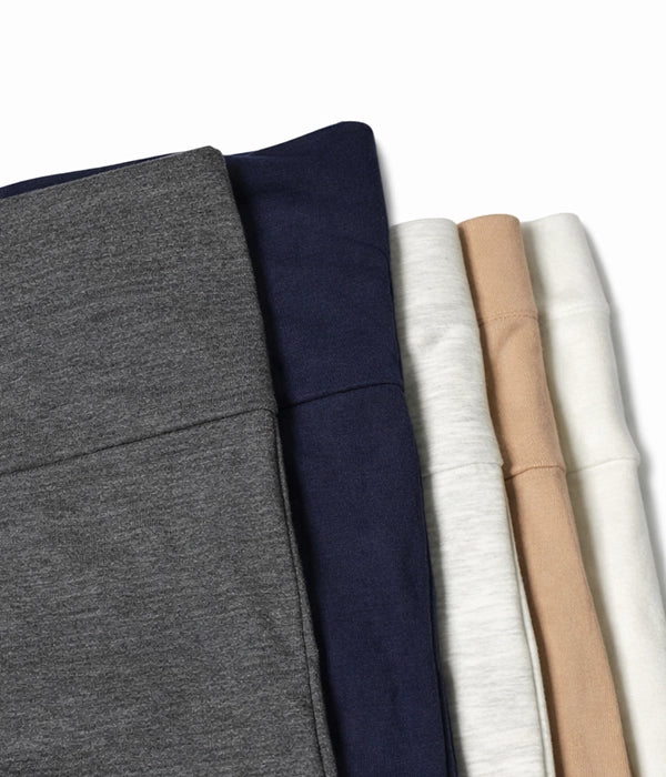 Five rolls of fabric in gray, navy, white, beige, and brown on a white background. High Waist Knee Length Leggings (Tights)