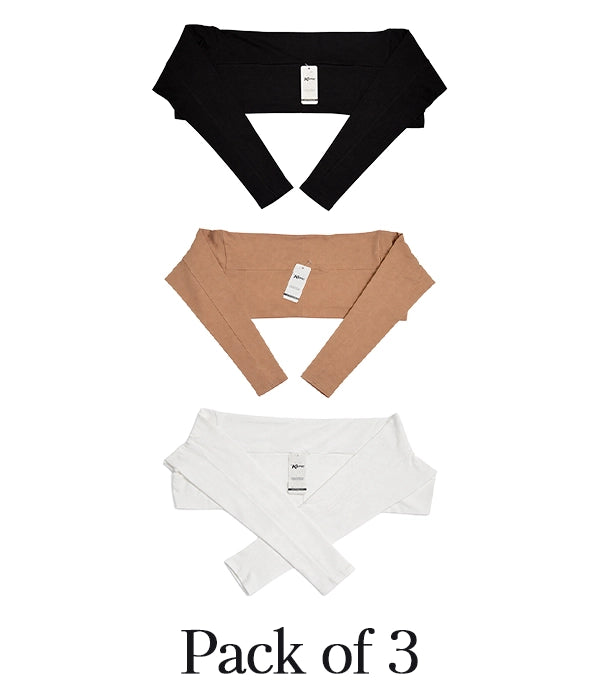 Pack of 3 Women Sleeve Extenders in black, beige and white on a white background.
