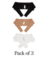 Pack of 3 Women Sleeve Extenders in black, beige and white on a white background.