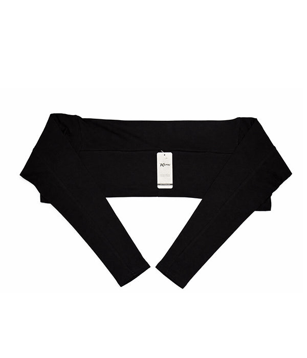 Black sleeve extenders with a tag on a white background. Black Women Sleeve Extenders