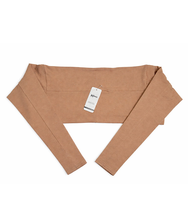 beige sleeve extender with a tag on a white background